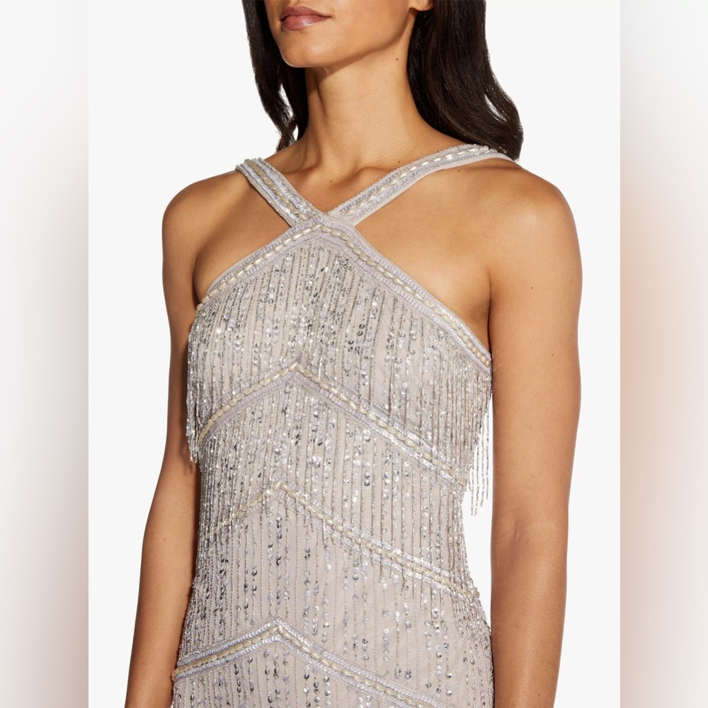 Adrianna Papell Beaded Backless Dress in Tan
